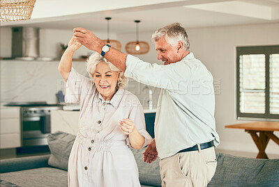 Buy stock photo Holding hands, relax or happy old couple dancing for love or fun in marriage at home together. Joy, romantic elderly man or senior woman bonding with smile or care in retirement or house living room