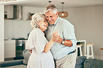 Holding hands, home or happy old couple dancing for love or trust in marriage at home together. Hug, romantic elderly man or senior woman bonding with smile or care in retirement or house living room