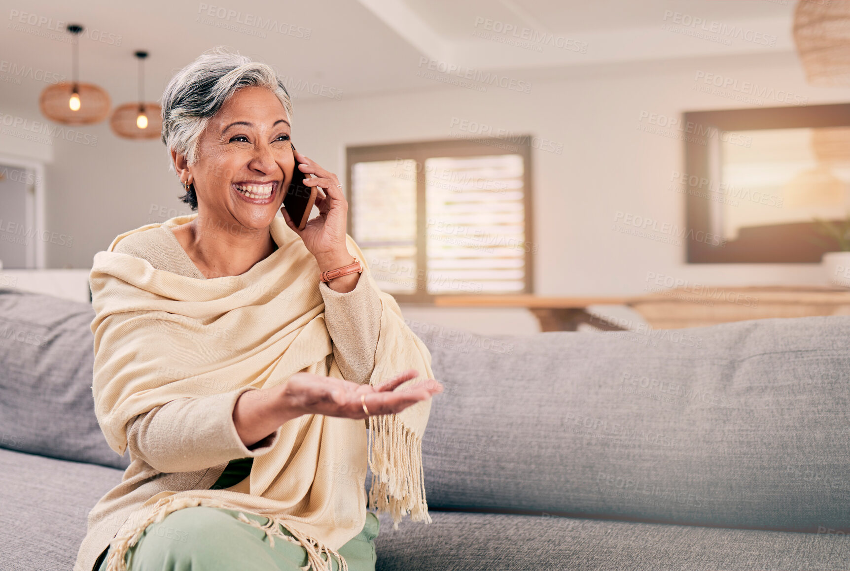 Buy stock photo Phone call, happy senior woman and living room with conversation and communication in a home. Retirement, elderly female person and mobile discussion on a lounge sofa with contact and chat on couch