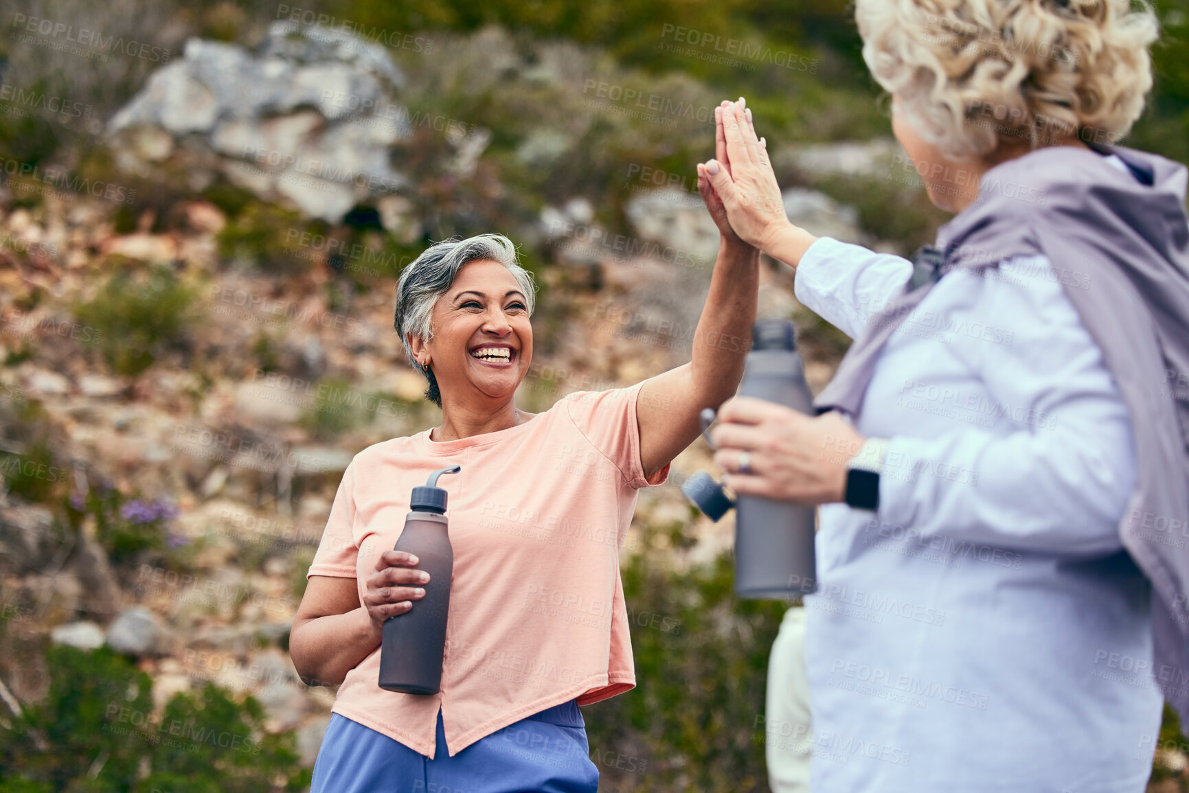 Buy stock photo Senior women, fitness or people high five for goal or success together for outdoor exercise in retirement. Winning, diversity or happy elderly friends celebrate hiking on break in training in park