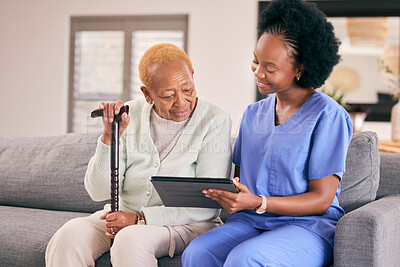 Buy stock photo Tablet, caregiver and senior woman on sofa to browse internet, telehealth and website together. Retirement, nursing home and nurse with elderly person on digital tech for medical result or report