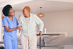 Nurse, holding hands and senior black woman with walking stick, help or smile in home. Caregiver, support and elderly patient with a disability, cane and kindness in assistance, empathy or healthcare