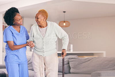 Buy stock photo Nurse, holding hands and senior black woman with walking stick, help or smile in home. Caregiver, support and elderly patient with a disability, cane and kindness in assistance, empathy or healthcare