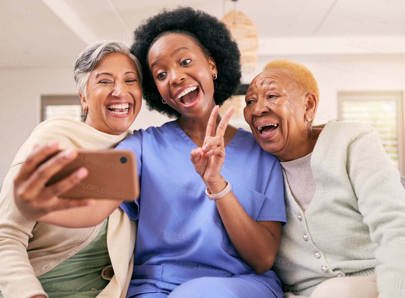 Buy stock photo Selfie, caregiver and senior women with peace sign for social media, online post or profile picture on sofa. Retirement, nursing home and nurse with elderly people take photo for happy memories