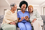 Phone, caregiver and senior women on sofa to browse internet, telehealth and mobile app together. Retirement, nursing home and nurse with elderly people on smartphone for medical result or report