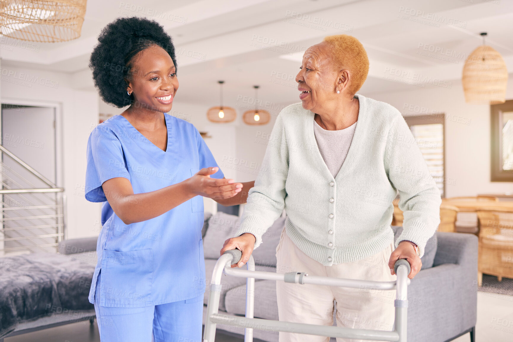 Buy stock photo Doctor, elderly woman and walking frame for support, healthcare service and nursing or caregiver helping. Medical physiotherapy, happy nurse and senior african patient with disability in living room