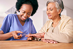 Manicure, elderly woman and nurse in retirement cut nails on table for spa day, selfcare and wellness. People, smile and caregiver in nursing home take care of senior hands for support and help