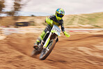 Dirt, motion blur and motorbike cycling for sports, agile driving and off road adventure for speed, power or performance. Motorcycle, rally and driver in fast race, challenge or action on sand course