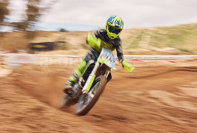 Buy stock photo Dirt, motion blur and motorbike cycling for sports, agile driving and off road adventure for speed, power or performance. Motorcycle, rally and driver in fast race, challenge or action on sand course