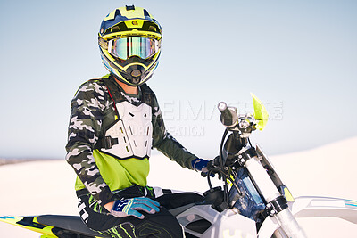 Buy stock photo Sports, desert and man with helmet on motorbike for training, workout and challenge on sand. Extreme transport, travel and cyclist with motorcycle for adventure, freedom and adrenaline for action