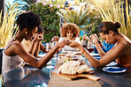 Food, people and holding hands to pray outdoor at table for gratitude and holiday celebration. Group of friends together at lunch, party or reunion with drinks in garden for thanks, prayer and grace