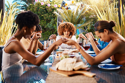 Buy stock photo Food, people and holding hands to pray outdoor at table for gratitude and holiday celebration. Group of friends together at lunch, party or reunion with drinks in garden for thanks, prayer and grace