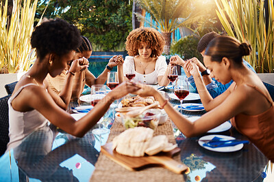 Buy stock photo People, food and holding hands to pray outdoor at table for gratitude and holiday celebration. Group of people together at lunch, party or reunion with drinks in garden for thanks, prayer and grace
