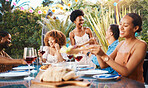 Group of friends at lunch, party in garden with smile, eating and happy event with diversity. Outdoor dinner, men and women at table with food, wine and talking together in backyard with celebration.