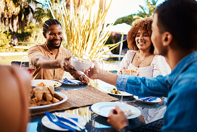 Buy stock photo Friends sharing lunch, party in garden and happy event with diversity, food and wine bonding together. Outdoor dinner, men and women at table, group of people eating with drinks in backyard in summer