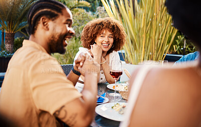 Buy stock photo Talking, lunch and friends with food, smile and funny with conversation, party and celebration. Happy people, men and women with a meal, event and happiness with humor, discussion and weekend break