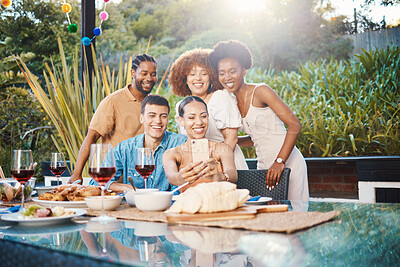 Buy stock photo Selfie, friends at dinner together in garden and happy event with diversity, food and wine for outdoor party. Photography, men and women at table, group of people with drinks in backyard at sunset.