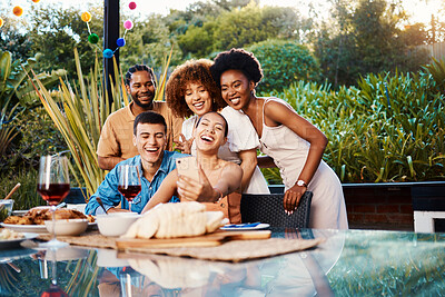 Buy stock photo Group selfie, lunch and friends excited for happy memory photo of brunch party, outdoor reunion or food on patio. Happiness, photography and young people post event picture picture to social media