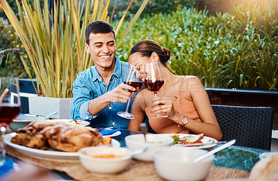 Buy stock photo Smile, couple and toast with wine glass at restaurant, bonding and having fun. Happy, alcohol and man and woman cheers at dinner party, celebration date and drink together at outdoor table with food