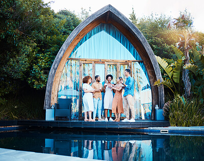 Buy stock photo Garden lodge, glamping and happy friends at cabin with luxury accommodation and modern architecture. Travel, holiday and people at destination in Bali for tropical vacation and freedom at resort pool