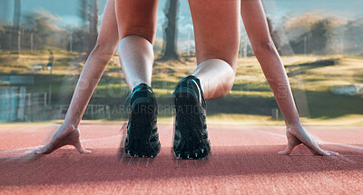 Buy stock photo Start, running and sports with shoes of person on race track for fitness, speed and marathon training. Competition, health and workout with closeup of runner in stadium for energy and performance