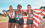 Athletics winner, portrait and sports women celebrate winning medal, competition award or event challenge. Success celebration, American flag and group of athlete excited for teamwork achievement