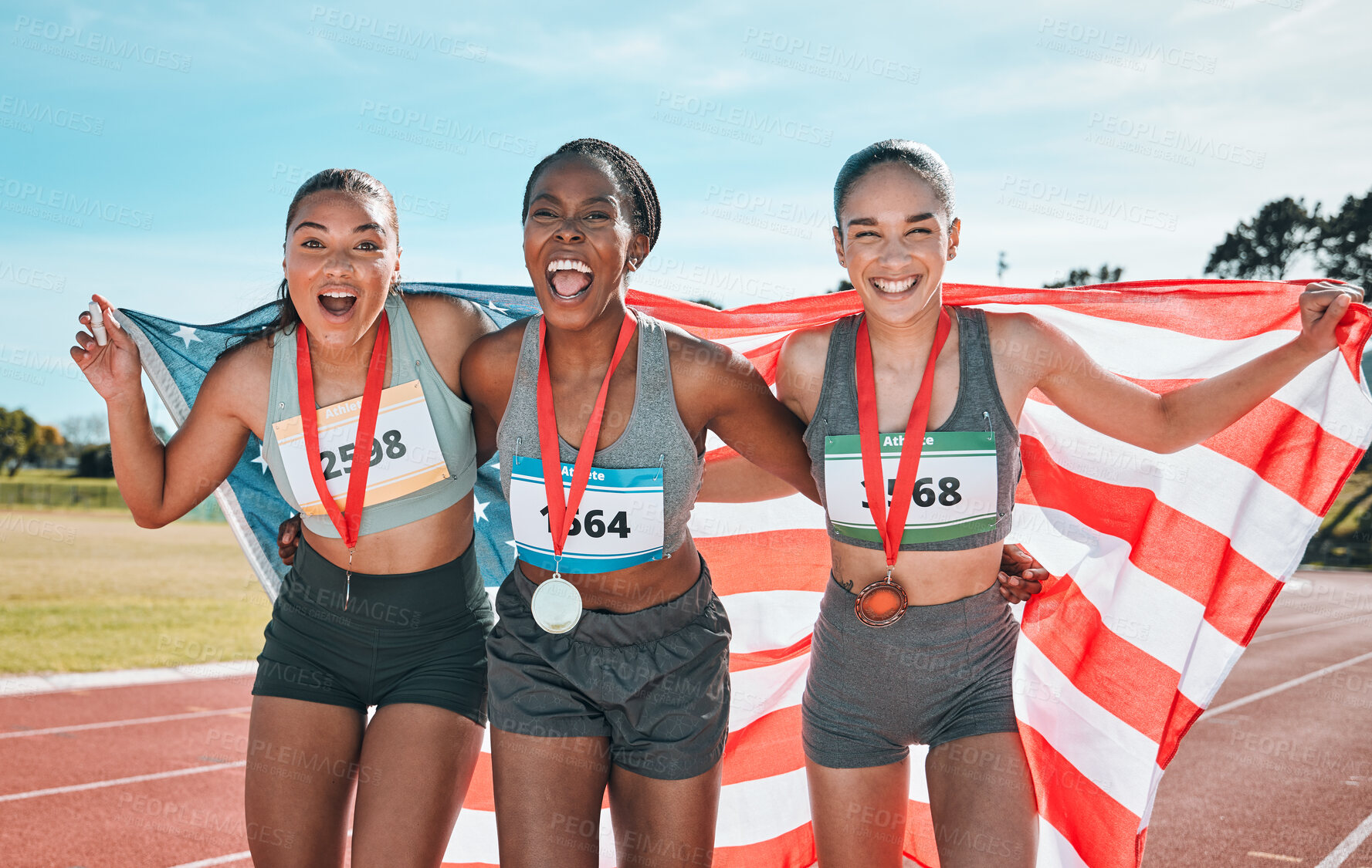 Buy stock photo Athletics winner, portrait and sports women celebrate winning medal, competition award or event challenge. Success celebration, American flag and group of athlete excited for teamwork achievement