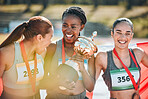 Athletics winner, trophy and sports women celebrate prize victory, competition award or winning marathon challenge. Success, diversity champion or happy athlete group excited for teamwork achievement