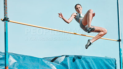 Buy stock photo High jump, woman and fitness with exercise, sport and athlete in a competition outdoor. Jumping, workout and training for performance with action, energy and contest with female person and athletics