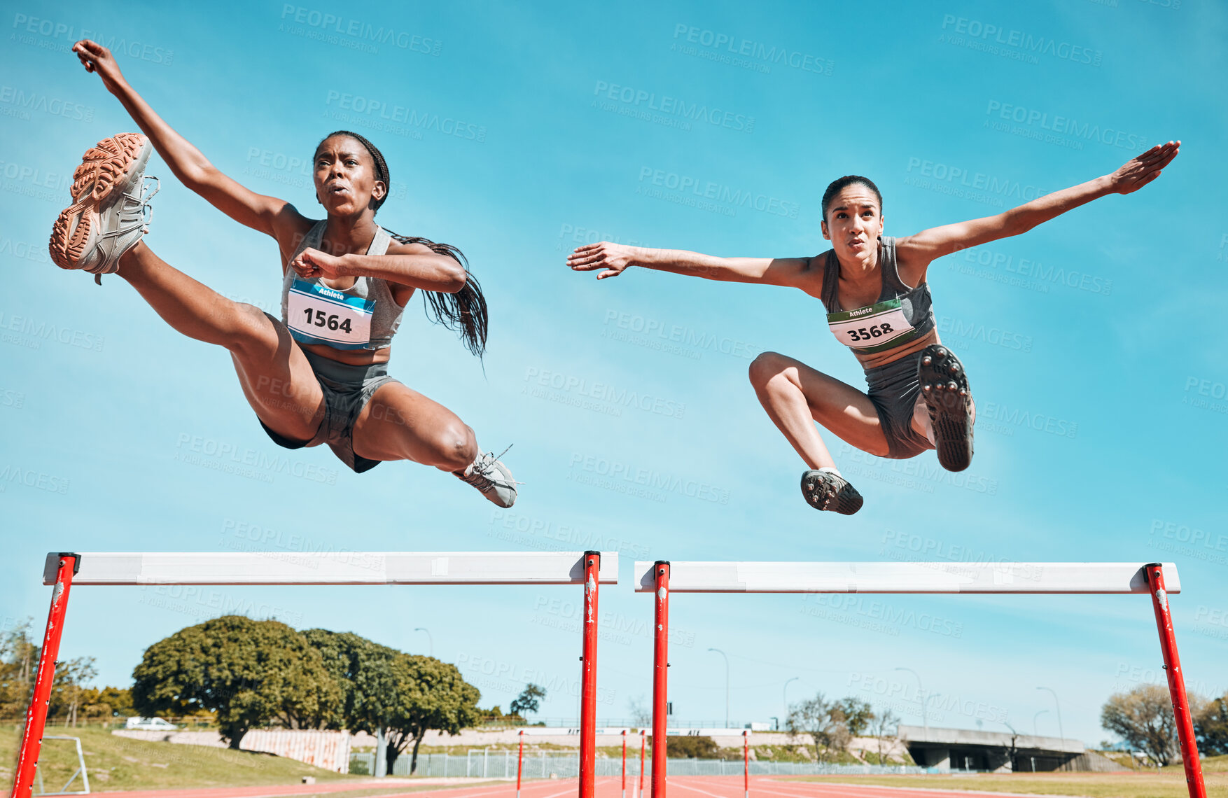 Buy stock photo Sports, hurdles and team of women on track running in a race, marathon or competition in stadium. Fitness, workout and female athletes jumping with speed and energy for outdoor training or practice.