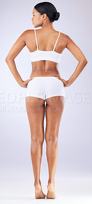 Buy stock photo Beauty, underwear and back of woman in a studio with wellness, health and weightloss routine. Fitness, body and full length of female model with cosmetic liposuction for self care by white background