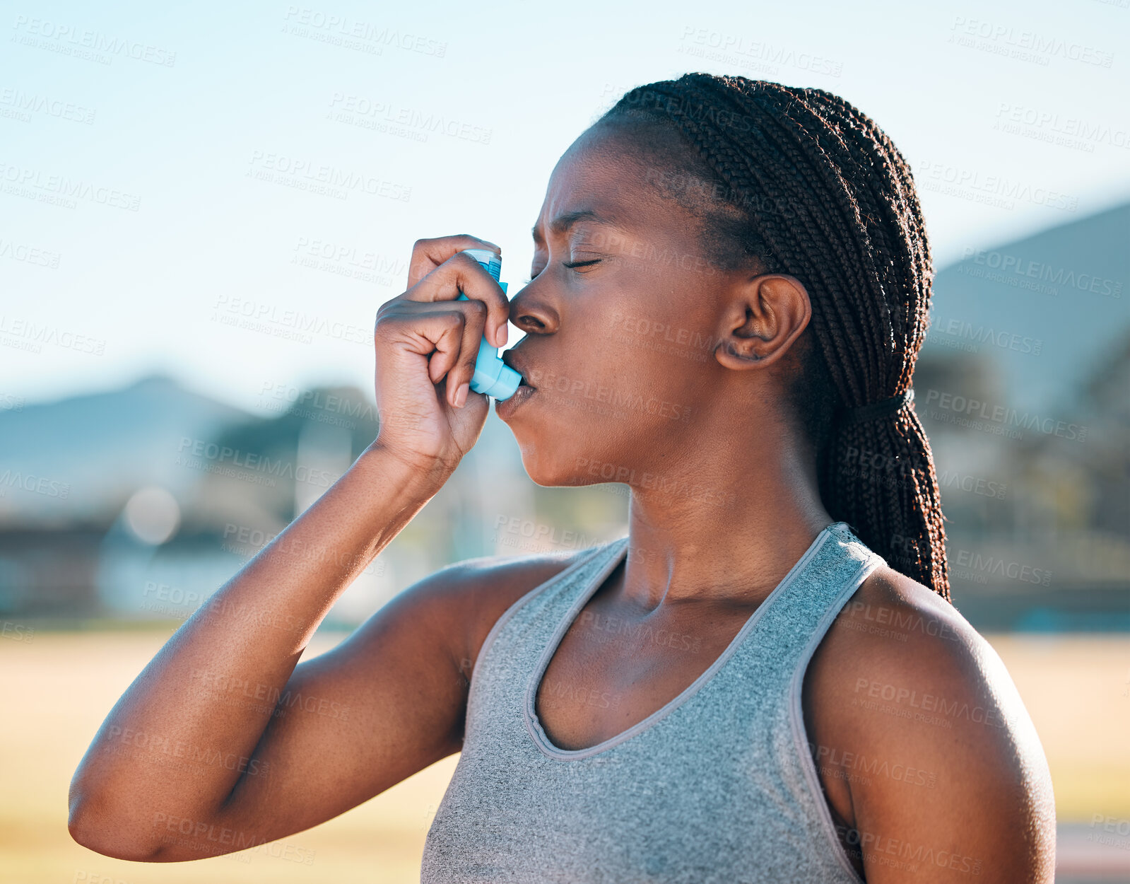 Buy stock photo Health, black woman and asthma inhaler, fitness and medicine with wellness, lungs and runner outdoor. Sports, breathing and exercise with workout, help with oxygen and respiratory illness with pump