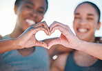 Friends, fitness and closeup, women with heart hands and emoji, wellness and health, support and love sign outdoor. Happiness, care and exercise, cardio and sports, healthy and workout together 