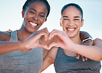 Friends, fitness and portrait, women with heart hands and emoji, wellness and health, support and love sign outdoor. Happiness, care and exercise, cardio and sports, healthy and workout together 