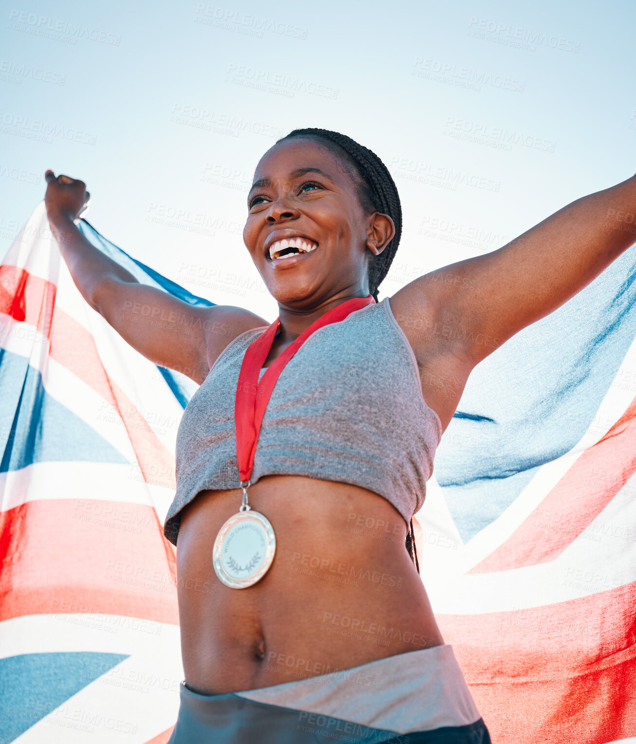 Buy stock photo Fitness, winning and black woman with achievement, UK flag and sports with competition, victory and champion. African person, athlete or winner with British symbol, pride and medal with celebration