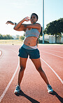 Woman, sports and exercise or stretching outdoor on a track for running, training or workout. African athlete person at stadium for arm stretch, fitness and muscle warm up or body wellness