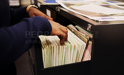 Buy stock photo File cabinet, legal documents and person hands with management of tax report at office. Accountant, worker and notes in a workplace for corporate audit and paperwork documentation for debt books