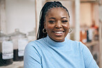 Black woman, portrait and shopping in local grocery store for healthy food, nutrition and wellness product sales. Smile, face and African customer in supermarket for retail purchase, buying and deal