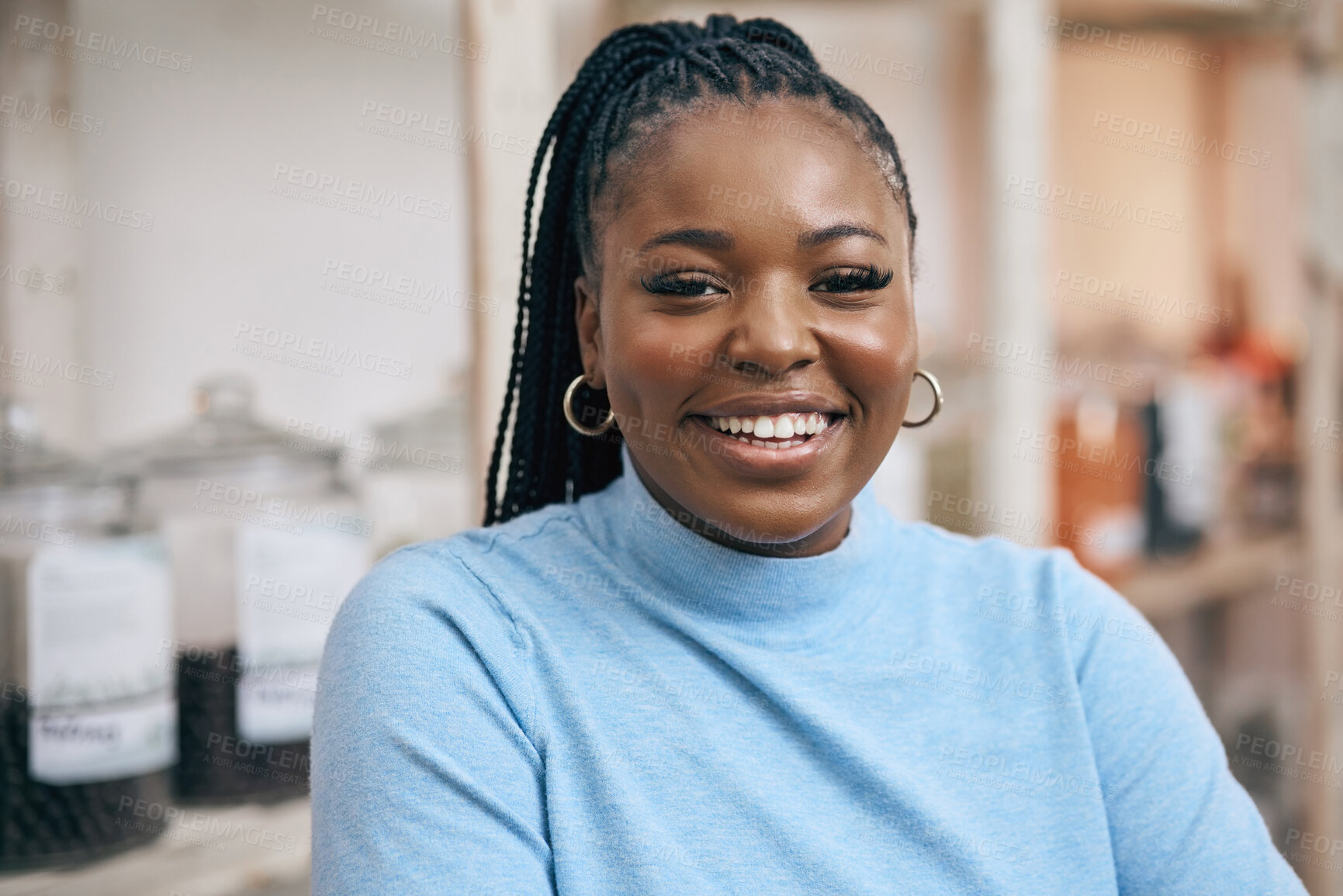 Buy stock photo Black woman, portrait and shopping in local grocery store for healthy food, nutrition and wellness product sales. Smile, face and African customer in supermarket for retail purchase, buying and deal