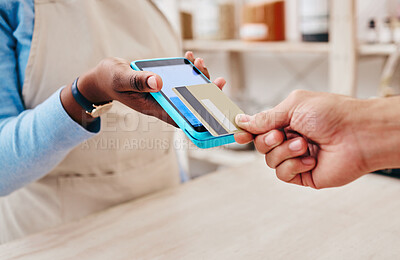 Buy stock photo Credit card, payment screen and hand with store cashier, machine and transaction in a retail shop. Discount, ecommerce and shopping with electronic pay, fintech and customer with purchase and tech