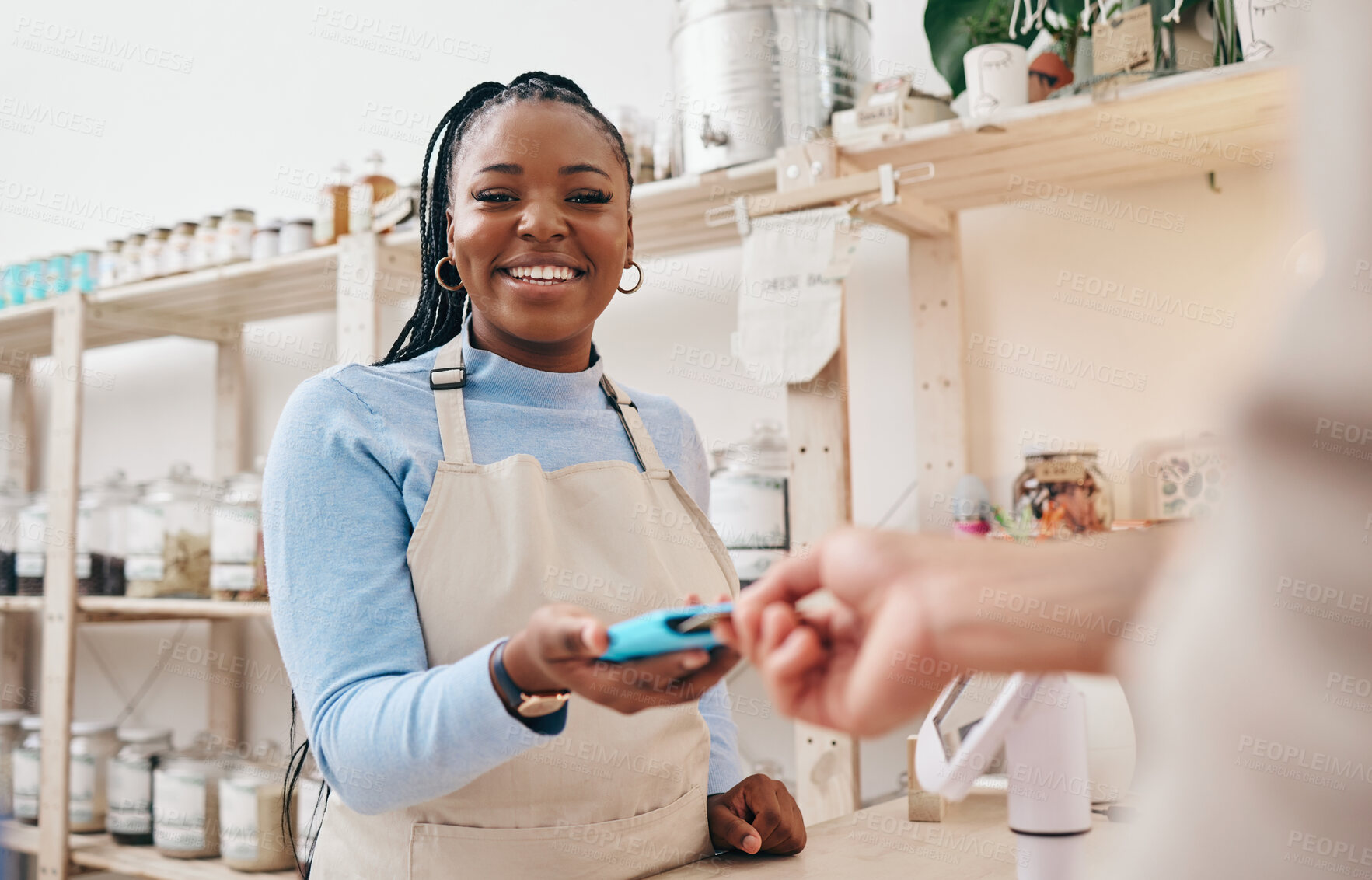 Buy stock photo Sustainable store, woman cashier and credit card with shop and electronic transaction with small business. Worker smile, entrepreneur and happy African person with retail employee and shopping pay