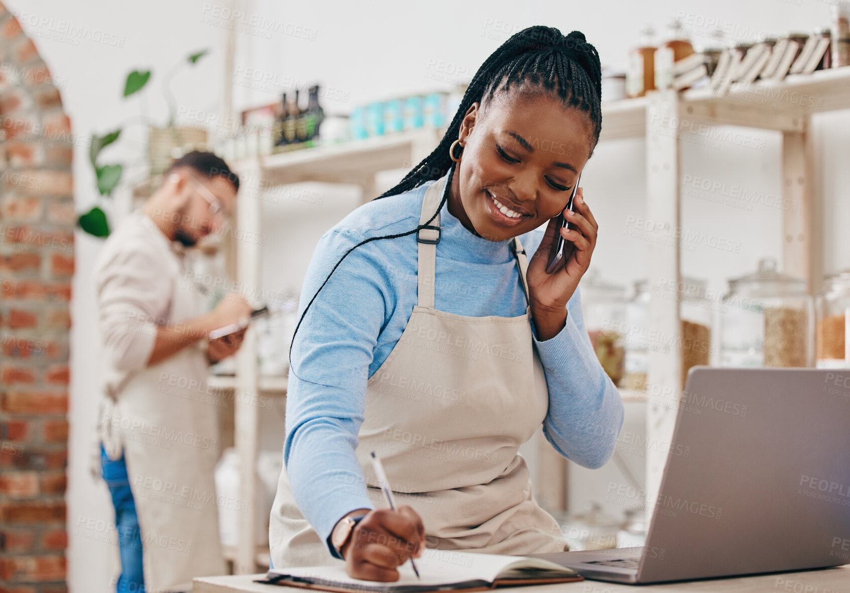 Buy stock photo Black woman, cashier notes and phone call with networking and inventory check for retail store. Happy, shop management and mobile with communication and discussion about business and supply chain