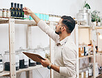 Grocery store, eco friendly and man with clipboard for stock list, healthy food and sales report. Checklist, inventory and manager at small business, sustainable supermarket and groceries on shelf.