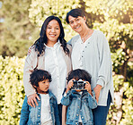 Woman, mother or children in park for photography on mothers day for support, family bond or love. Portrait, smile or mature mom with kids or happy daughter in garden together with camera for picture