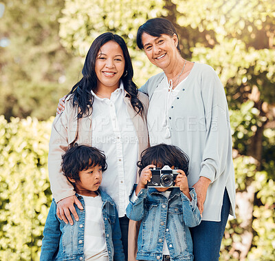 Buy stock photo Woman, mother or children in park for photography on mothers day for support, family bond or love. Portrait, smile or mature mom with kids or happy daughter in garden together with camera for picture