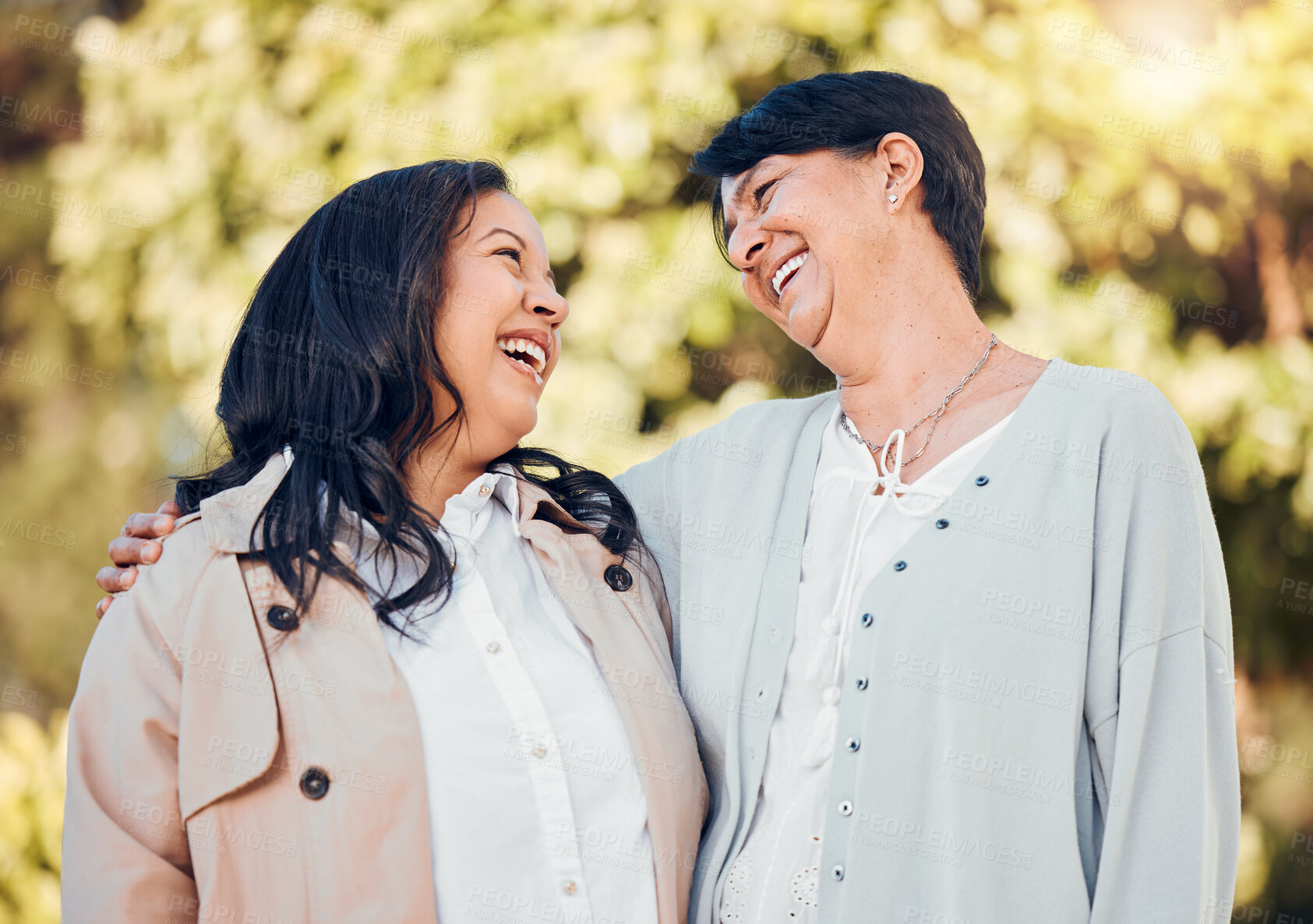 Buy stock photo Woman, mature mother or laughing in park on mothers day or women bonding for support or love. Hug, smile or funny mom with a happy daughter in outdoor garden or nature together on holiday vacation