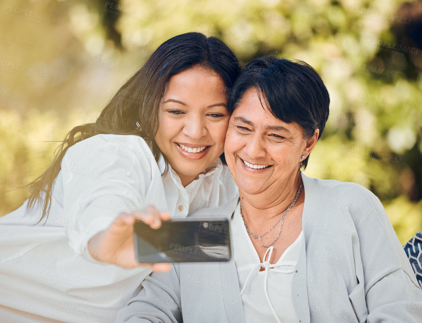 Buy stock photo Woman, mature mother or selfie in garden on mothers day taking photograph for memory, support or love. Social media, pictures or mom with a happy daughter in outdoor park together on holiday vacation