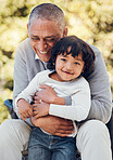 Boy, hug and portrait with senior man in park in support, summer break and Mexican nature. Kid, happy or child bonding with grandfather on garden bench for love, trust or together in backyard embrace