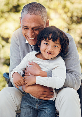 Buy stock photo Boy, hug and portrait with senior man in park in support, summer break and Mexican nature. Kid, happy or child bonding with grandfather on garden bench for love, trust or together in backyard embrace