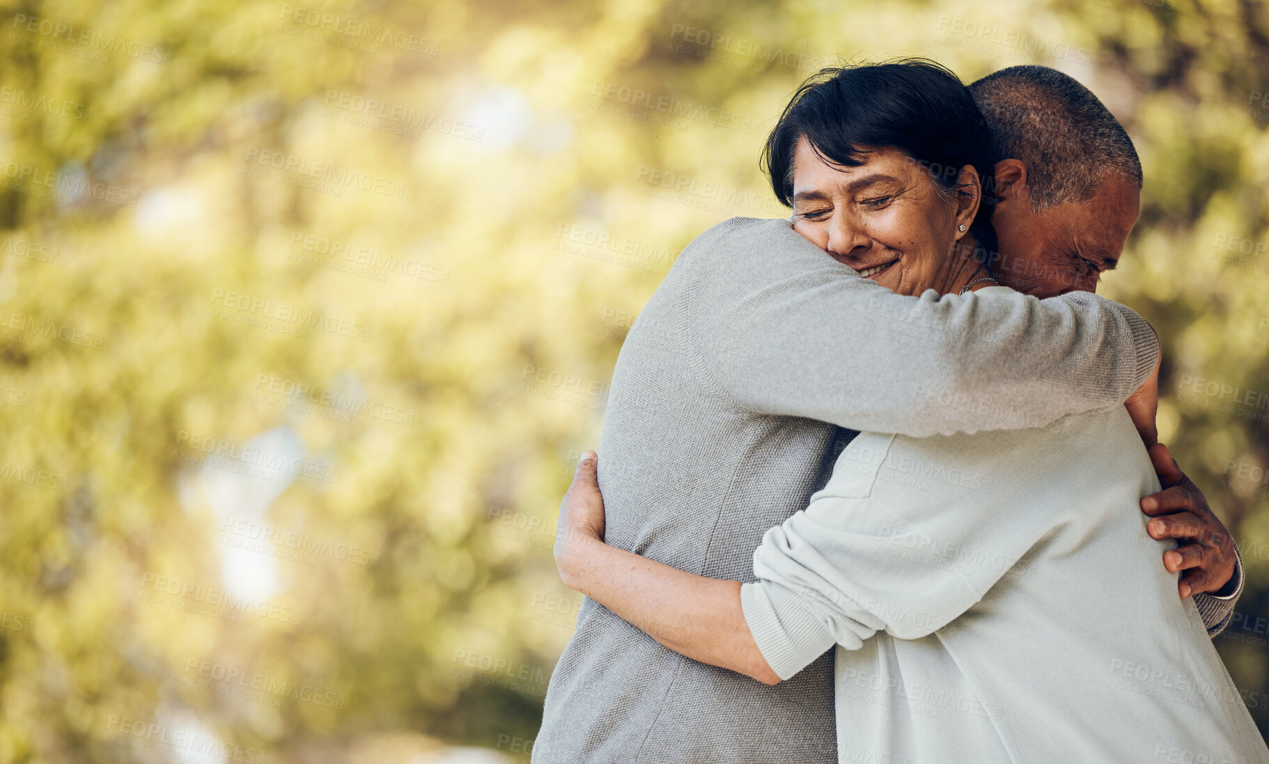 Buy stock photo Hug, outdoor and senior couple with love, marriage or support with romance, relax or relationship. Relationship, old man or elderly woman embrace, romantic or retirement with smile or loving together